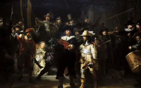 Rembrandt's "The Night Watch" painting depicts a lively militia company preparing to march.
