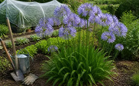 Gros plan sur une agapanthe en fleurs, avec des outils de jardinage à proximité. L'entretien de ces beautés bleues est un plaisir.