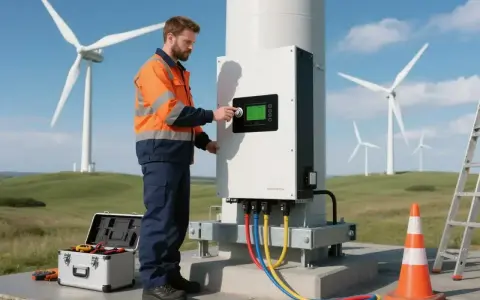 Technik reguluje falownik hybrydowy 8 kW przy turbinie wiatrowej. Narzędzia i drabina w pobliżu.