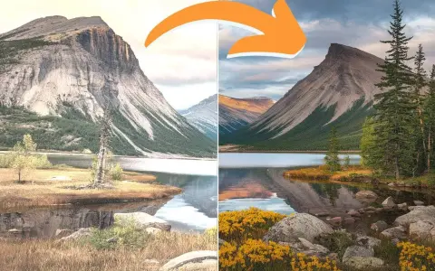 Avant/après d'un paysage de montagne et lac. Idéal pour apprendre à faire des photos et sublimer vos clichés.