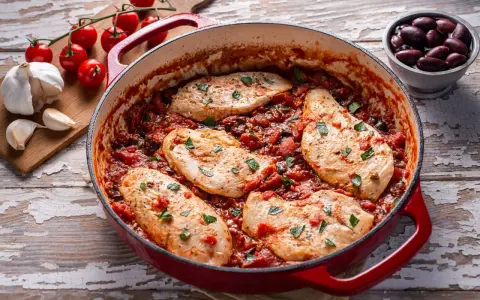 Succulento pollo alla pizzaiola in padella, con pomodoro, olive e capperi, guarnito con prezzemolo fresco.