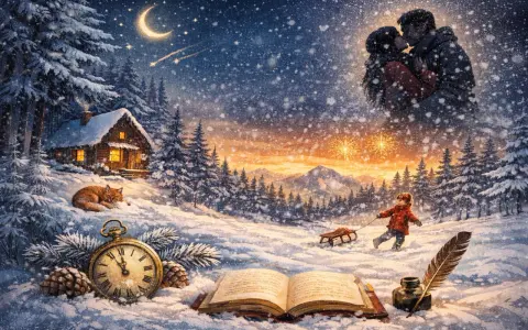 Una poesia d'inverno breve: un bambino tira una slitta, una coppia si bacia sotto la luna, una volpe dorme vicino a una baita.