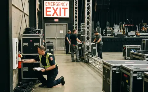 Pracownik sprawdza gaśnicę przy znaku "EMERGENCY EXIT". W tle widać scenę koncertową i sprzęt. To miejsce zbiórki do ewakuacji.