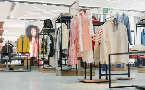W sklepie odzieżowym widać ubrania na wieszakach i manekinach, buty na półkach. To przykład, co to merchandising – jak atrakcyjnie zaprezentować produkty.