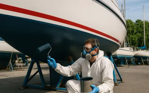 Homme en combinaison et masque appliquant l'antifouling bateau sur remorque avec un rouleau.