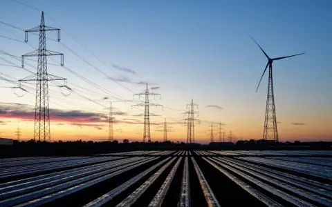 Strommasten und Windrad im Abendrot, ein Symbol für die grüne energie schweden.