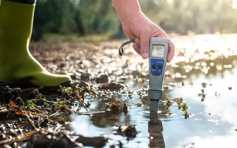 Persona con bota verde mide la calidad del agua con un medidor de pH en un entorno natural.