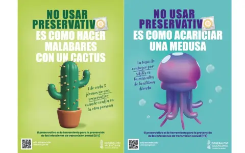Carteles advierten: no usar preservativo es peligroso. Uno muestra un cactus, otro una medusa. La prevención de la clamidia es clave.
