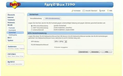 FRITZ!Box 7390: Sicherheitseinstellungen für WLAN. Wähle zwischen WPA2 oder WPA3 für maximale Sicherheit.