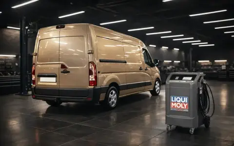 Złoty van w warsztacie obok urządzenia Liqui Moly do wymiany oleju. Idealny do serwisu Master 2.3 ile oleju.