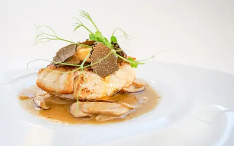Un succulento mero pescado, guarnito con tartufo e germogli freschi, adagiato su un letto di funghi e salsa cremosa.