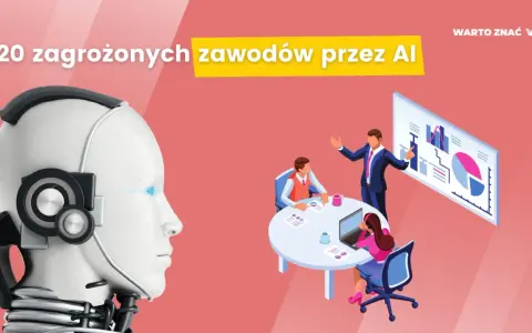 Głowa robota obok ludzi przy stole, symbolizująca 20 zawodów, które znikną przez AI.
