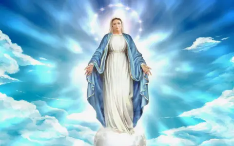 Postać Maryi w błękitnym płaszczu, unosząca się na obłoku, otoczona blaskiem i gwiazdami. Symbol niepokalanego poczęcia.