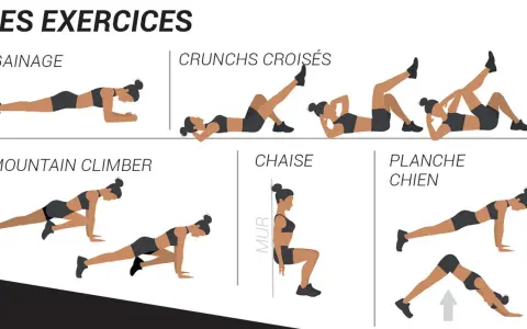Illustrations montrant comment faire des abdos : gainage, crunchs croisés, mountain climber, chaise et planche chien.