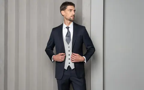 Mężczyzna w granatowym garniturze, jasnej kamizelce i wzorzystym krawacie. Elegancki wybór: krawat czy mucha?