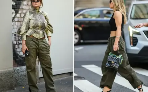Dwie kobiety w spodniach cargo w kolorze khaki. Jedna w bluzce z wzorem, druga w krótkim czarnym topie.