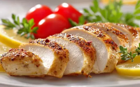 Soczyste **piersi z kurczaka air fryer**, pokrojone w plastry, podane z cytryną, pomidorkami i ziołami.