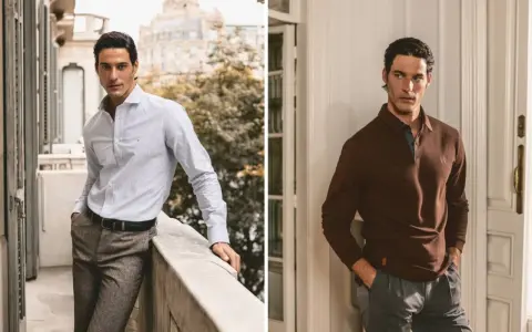 Modello con fisico a triangolo invertito indossa camicia a righe e polo marrone, pantaloni eleganti.