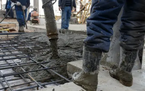 Beton wylewany na zbrojenie. Pracownicy w gumowcach nadzorują proces, który decyduje, ile kosztują fundamenty.