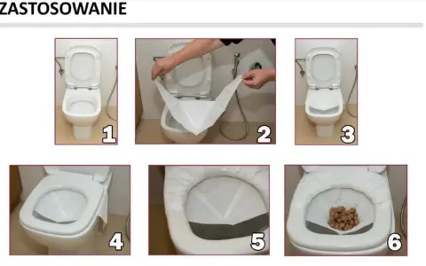 Instrukcja jak pobrać kał do badania: rozłóż papier w toalecie, umieść próbkę, a następnie wyrzuć.