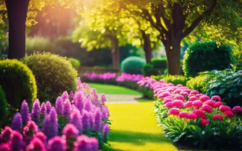 Un chemin de jardin bordé de fleurs roses et violettes, baigné par la lumière dorée du soleil. Une pensée fleurie pour une promenade paisible.