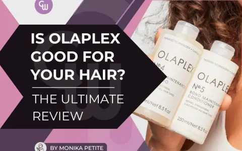 Olaplex Behandlung beim Friseur: Zwei Flaschen Olaplex No.4 und No.5 werden gehalten. Die Frage "Is Olaplex good for your hair?" wird thematisiert.