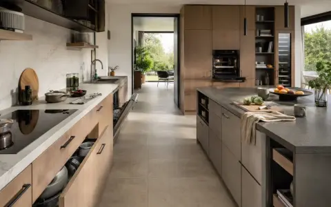 Cuisine moderne avec îlot central, plan de travail en pierre, armoires en bois et un grand espace circulation.