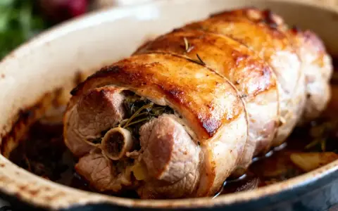 Paupiette de porc dorée et savoureuse, farcie d'herbes et cuite au four dans un plat en céramique.