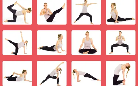 En kvinna utför olika yogapositioner. Bilden kan användas för guidad meditation på svenska.