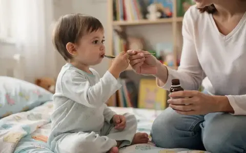 Mama podaje dziecku syrop na uspokojenie. Maluch siedzi na łóżku, przyjmując lek z łyżeczki.