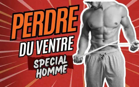 Homme musclé mesurant sa taille pour maigrir du ventre. Le texte "Perdre du ventre spécial homme" est affiché.