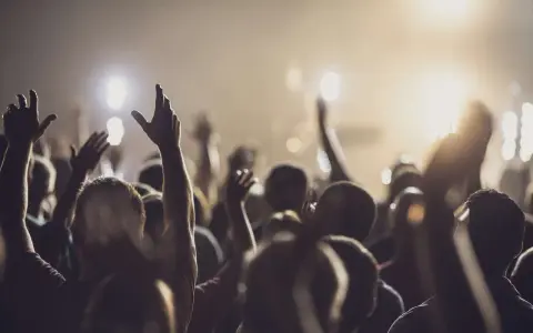 A crowd with raised hands, bathed in warm light, as if in a moment of shared worship or during powerful christian chants.