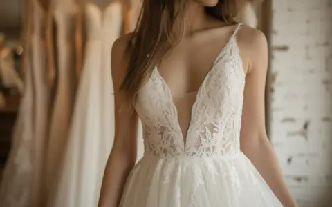 Une mariée essaie une robe en dentelle. Le prix moyen d'une robe de mariée en France varie selon le modèle.