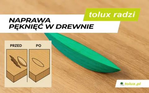 Jak zabezpieczyć pękające drewno? Grafika pokazuje naprawę pęknięć w drewnie przed i po.