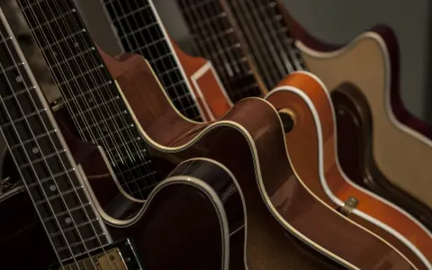 Rzędy gitar, ich szyjki i pudła rezonansowe. Idealne do nauki gry na gitarze, gdzie tabulatura gitarowa oznaczenia pomagają w odczytywaniu nut.