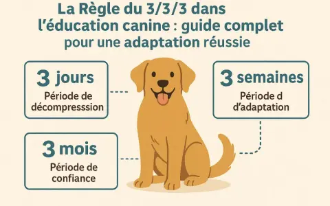 Un gros chien doré, souriant, est au centre d'une illustration expliquant la règle du 3/3/3 pour l'éducation canine : 3 jours de décompression, 3 semaines d'adaptation, 3 mois de confiance.