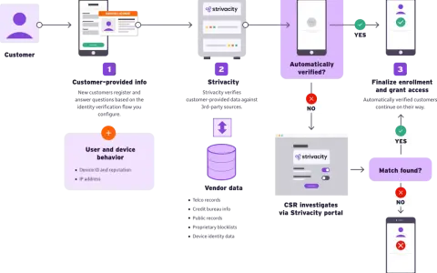 Customer identity verification flow: customer provides info, Strivacity verifies against 3rd-party data, then checks for matches.