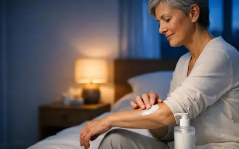 Donna anziana applica crema sul braccio per alleviare il prurito notturno nel letto. Luce soffusa da una lampada da comodino.
