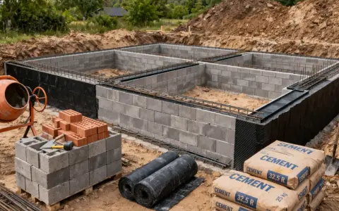 Budowa fundamentów domu w toku. Betonowe bloki tworzą ściany, zbrojenie czeka na zalanie. W pobliżu betoniarka i worki z cementem.