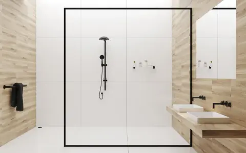 Modernes Badezimmer mit Dusche und Doppelwaschbecken. Ein durchlauferhitzer für dusche und waschbecken sorgt für warmes Wasser.