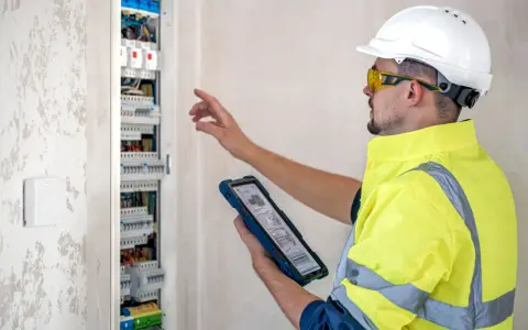 Elektryk w kasku i kamizelce odblaskowej sprawdza rozdzielnicę elektryczną na tablecie.