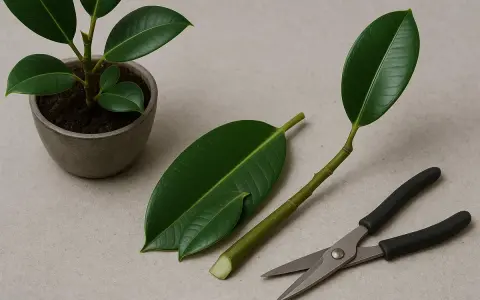 Gummibaum schneiden: Ein kleiner Gummibaum im Topf, ein abgeschnittener Trieb mit zwei Blättern und eine Gartenschere liegen bereit.