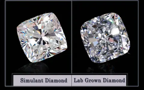 Two cushion-cut diamonds are shown side-by-side. The left is labeled "Simulant Diamond," the right "Lab Grown Diamond.