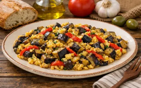 Zarangollo murciano, un plato tradicional con berenjenas, pimientos y huevo revuelto, servido en un plato rústico.