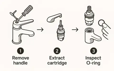 Diagram shows how to fix shower faucet: remove handle, extract cartridge, inspect O-ring.