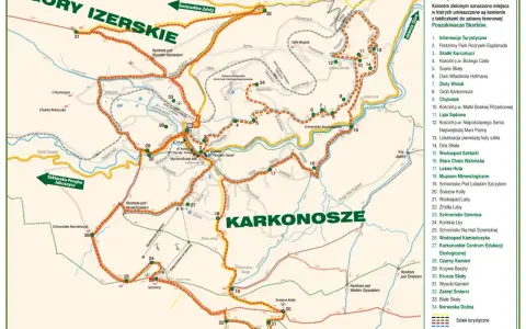Mapa Karkonoszy i Gór Izerskich z zaznaczonym szlakiem na Szrenicę. Punkty turystyczne i szlaki piesze.
