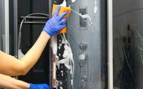 Ręce w niebieskich rękawiczkach myją pianą szklane drzwi prysznicowe gąbką. Dowiedz się, jak usunąć kamień z szyby samochodu, stosując podobne metody.