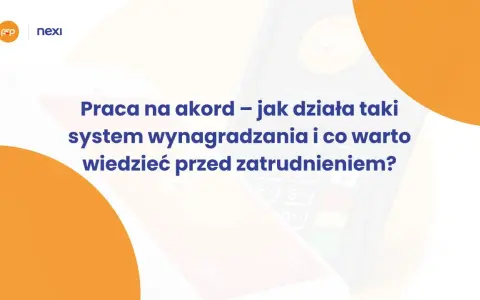Praca na akord – jak działa taki system wynagradzania? Grafika przedstawia terminal płatniczy i tekst o systemach wynagradzania.