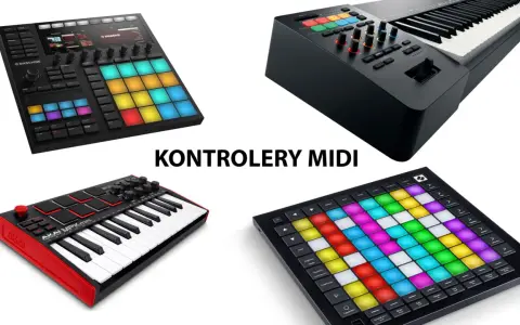 Klawiatury i pady do tworzenia muzyki, takie jak Maschine, AKAI MPK mini i inne urządzenia MIDI, gotowe do pracy.