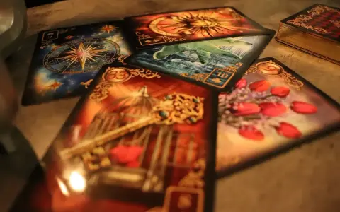 Magia kart odsłania obrazy: klucz do klatki, róże, słońce, kompas i wodę.